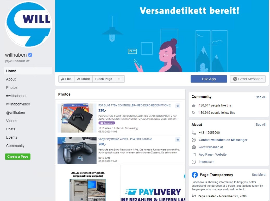 Kontaktieren Sie Willhaben über Facebook